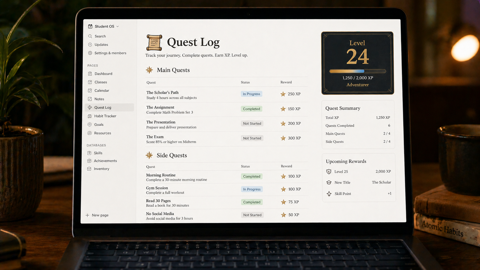Notion quest log dashboard showing daily tasks, side quests, and main quest assignments