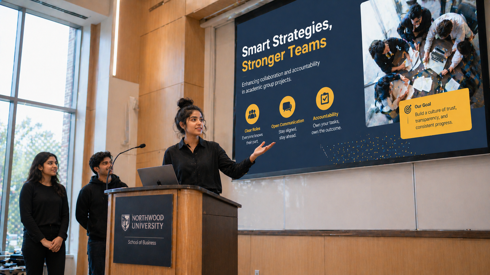 Student stepping into leadership role during a group project, team looking engaged and organized